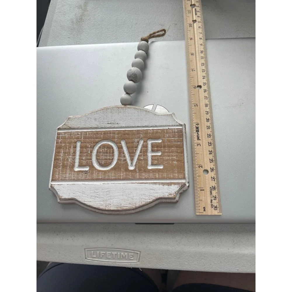 Rustic Wooden LOVE Wall Hanging Sign Farmhouse Decor with Beaded Jute Loop